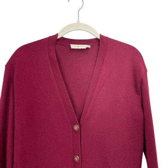Tory Burch Madison merino wool logo button cardigan Size XS cherry maroon red - Picture 3 of 8